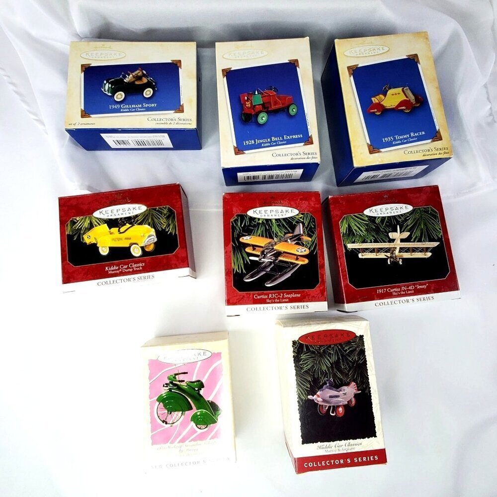 VTG Hallmark Keepsake Ornaments Lot Of 8 Vintage Die Cast Vehicles & Airplanes
